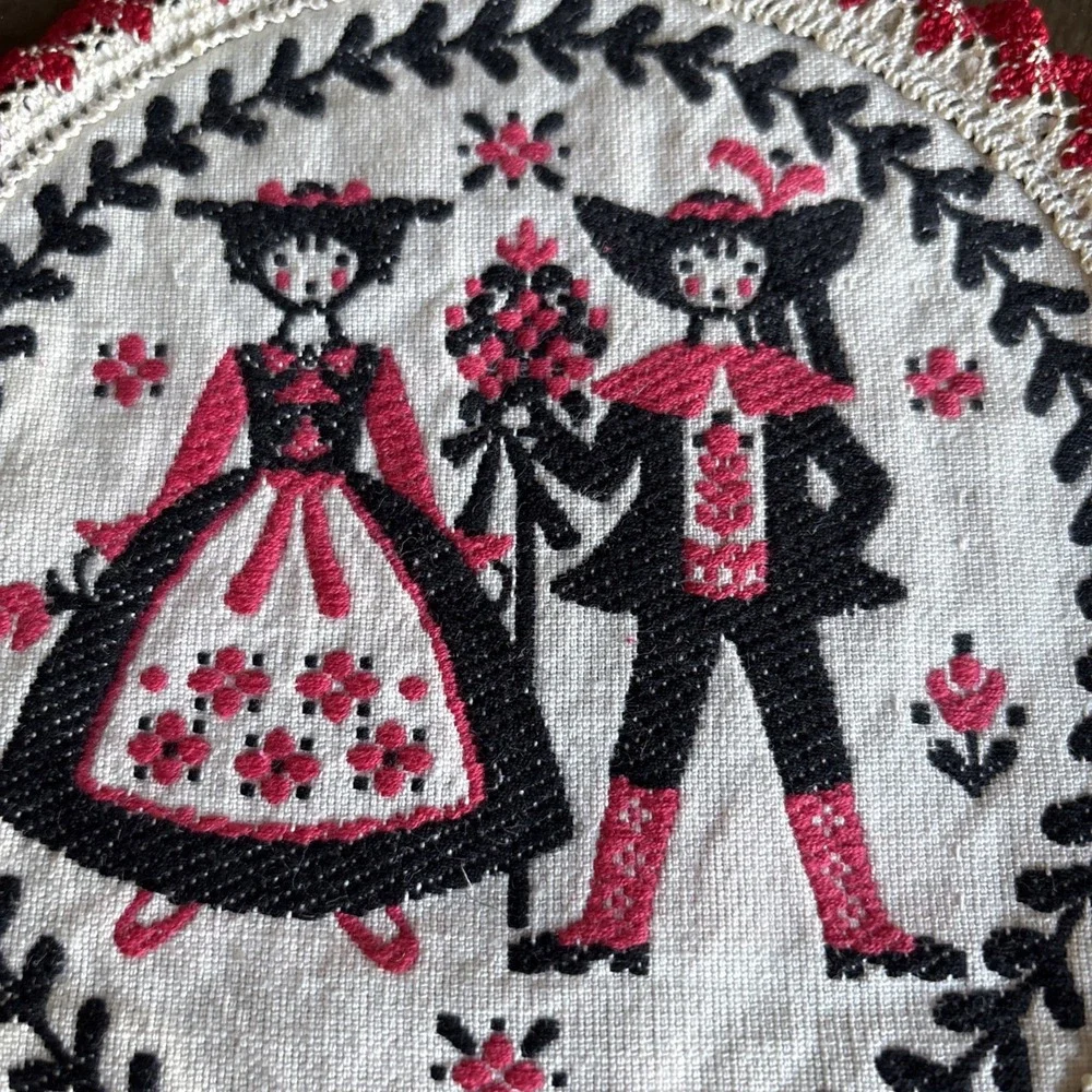 VTG Tiroler‎ Webkunst Austria Folk Art Doily Pot Holder Round Scalloped Edges